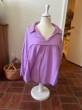 Zenana Outfitters Lavender Gauze Collared Tunic Top